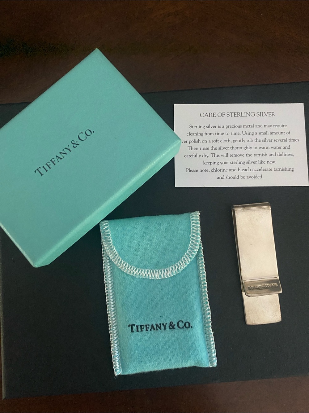 Tiffany & Co. Silver Money Clip with Signature Blue Pouch and Box